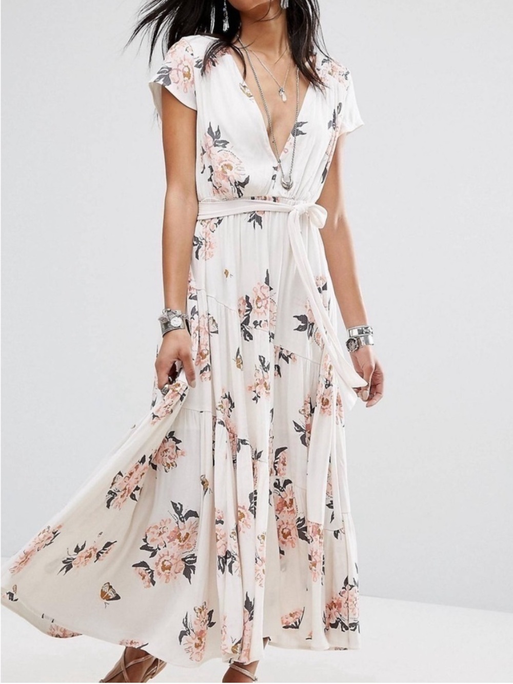 Free People Ivory Floral Wrap Maxi Dress with Blush Pink Accents